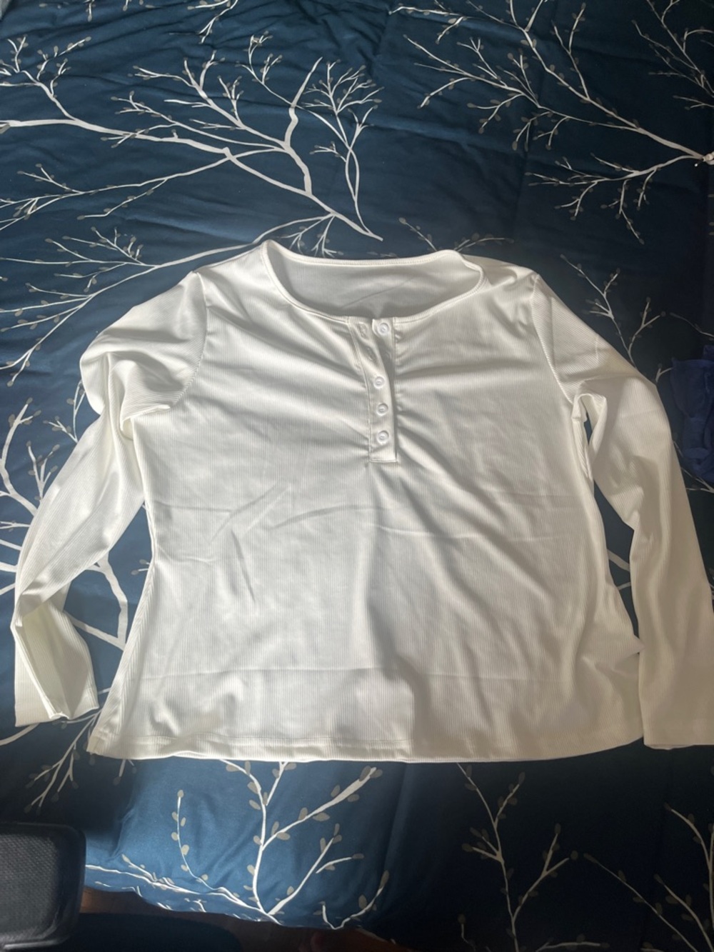 SHEIN White Long-Sleeve Henley Ribbed Top